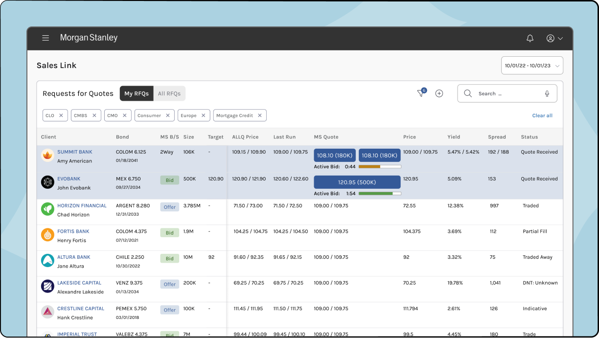 Bond trading application design to help capture and manage quote requests.