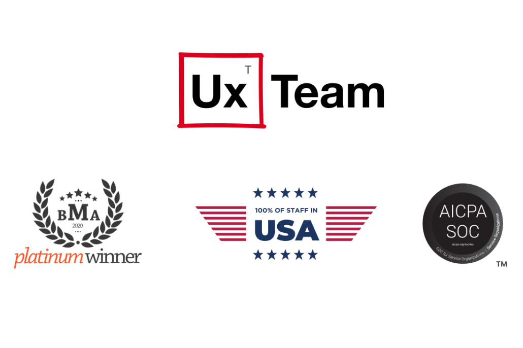 ux team logo with badges on platinum winner, 100% usa based staff and aicp soc