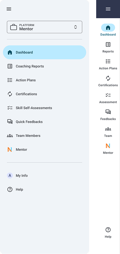 Open and collapsed view of the tablet and mobile navigation with the active state on the Dashboard page. The open state also has a dropdown to select different software.