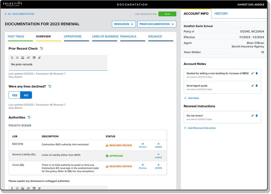Tool for documenting rationale behind insurance underwriting decisions for Selective Insurance software.